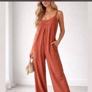 Shinestar Rust-Red Sleeveless Wide-Leg Jumpsuit